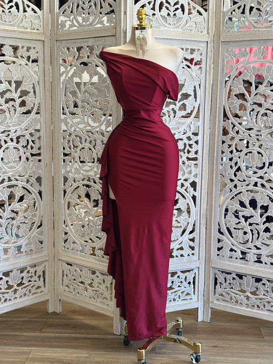 Burgundy High Slit Asymmetrical Dress - Estira, Stretchy