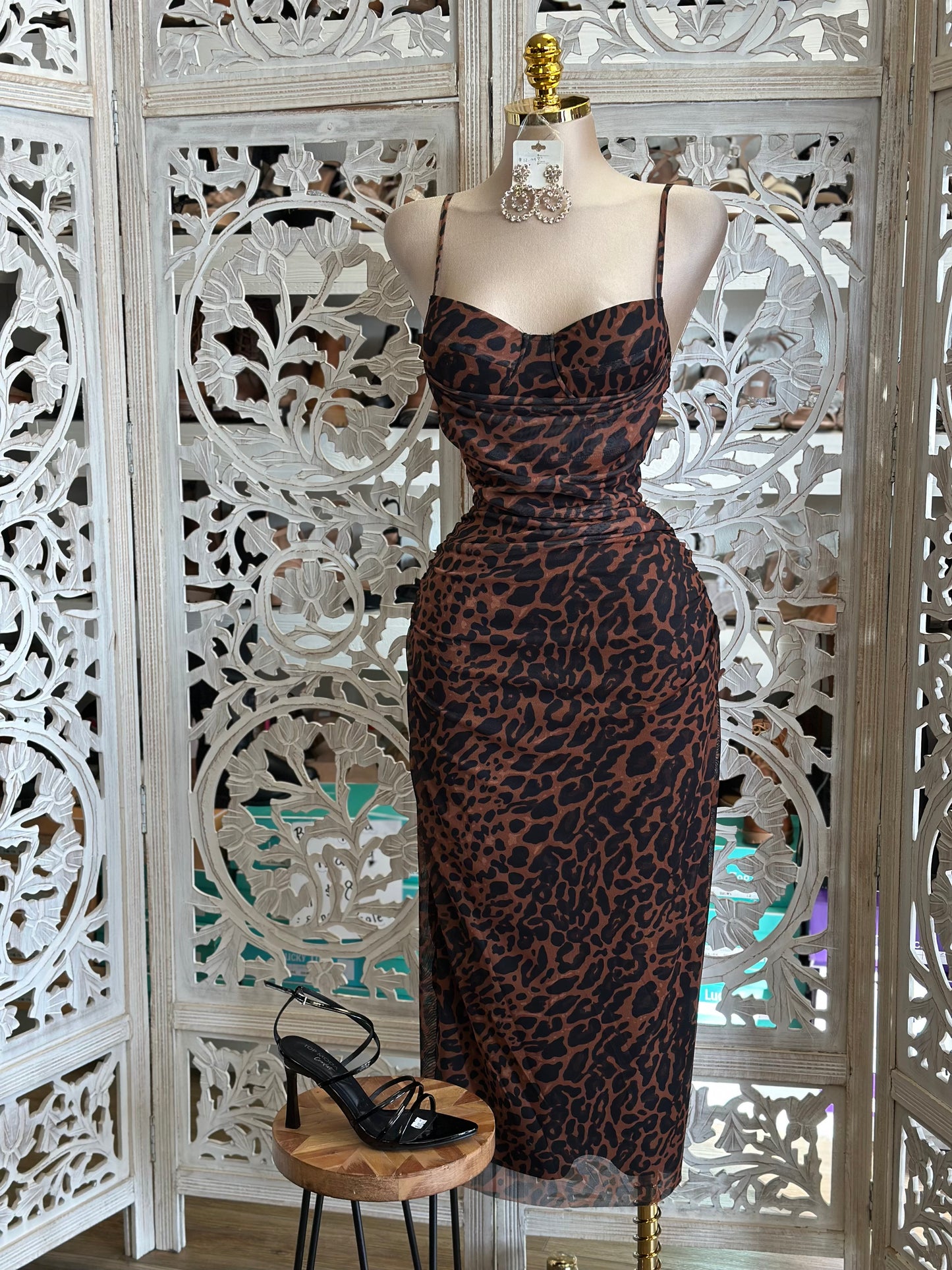 Leopard Print Cami Midi Dress- Stretchy,Estira