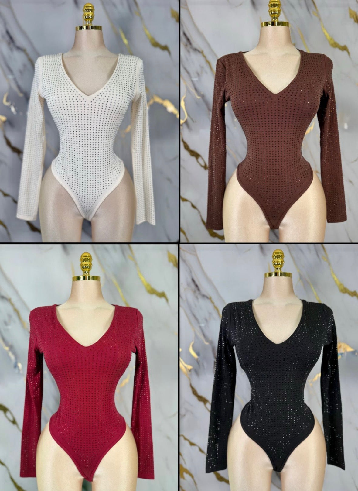 Rhinestone V Neck Bodysuit- Estira, Stretchy
