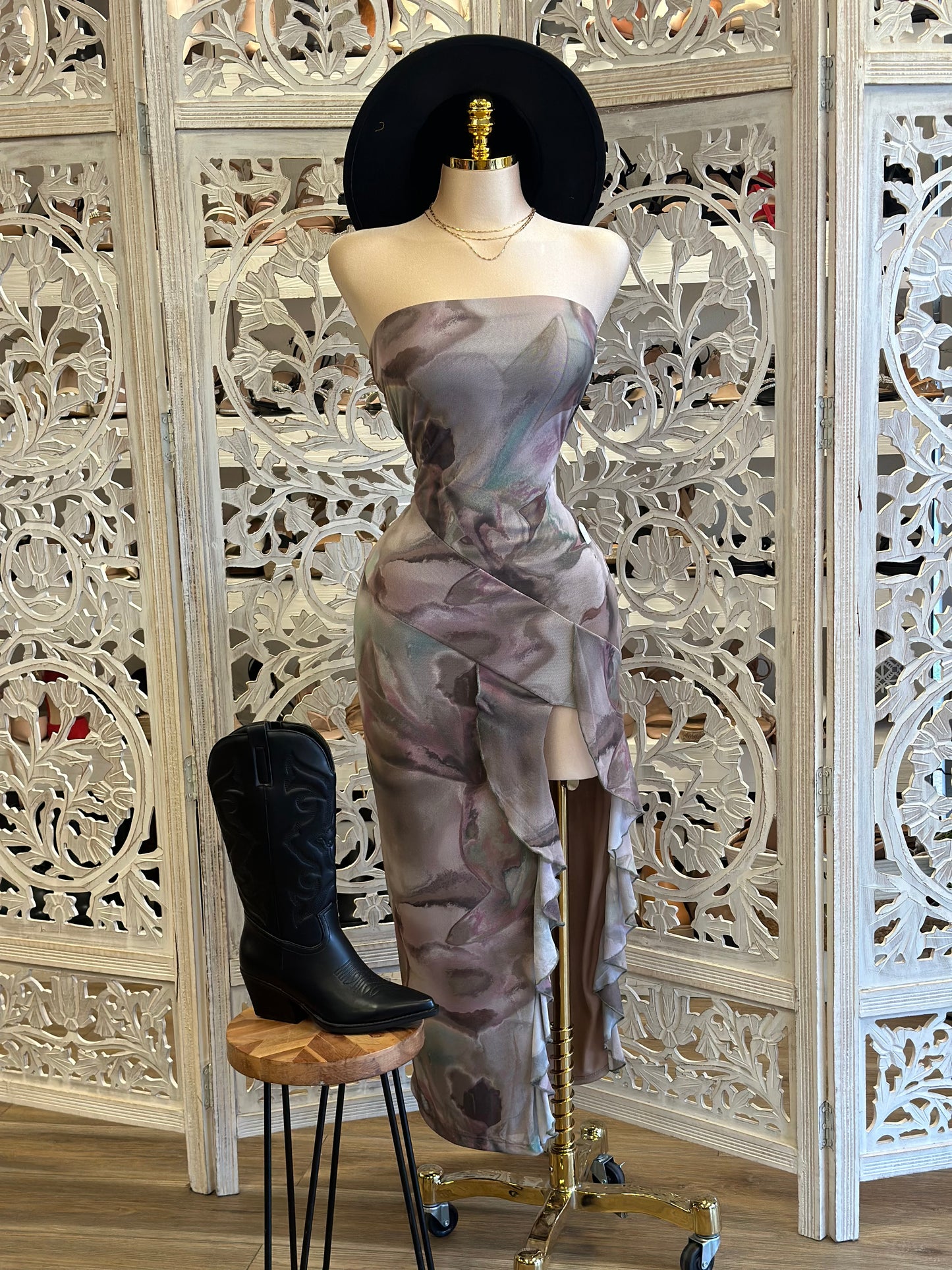 Tie Dye Ruffle Slit Strapless Dress - Estira, Stretchy