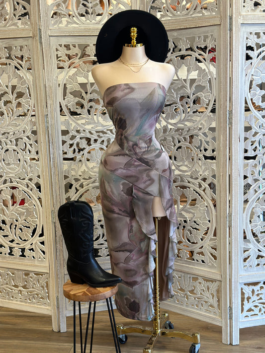 Tie Dye Ruffle Slit Strapless Dress - Estira, Stretchy