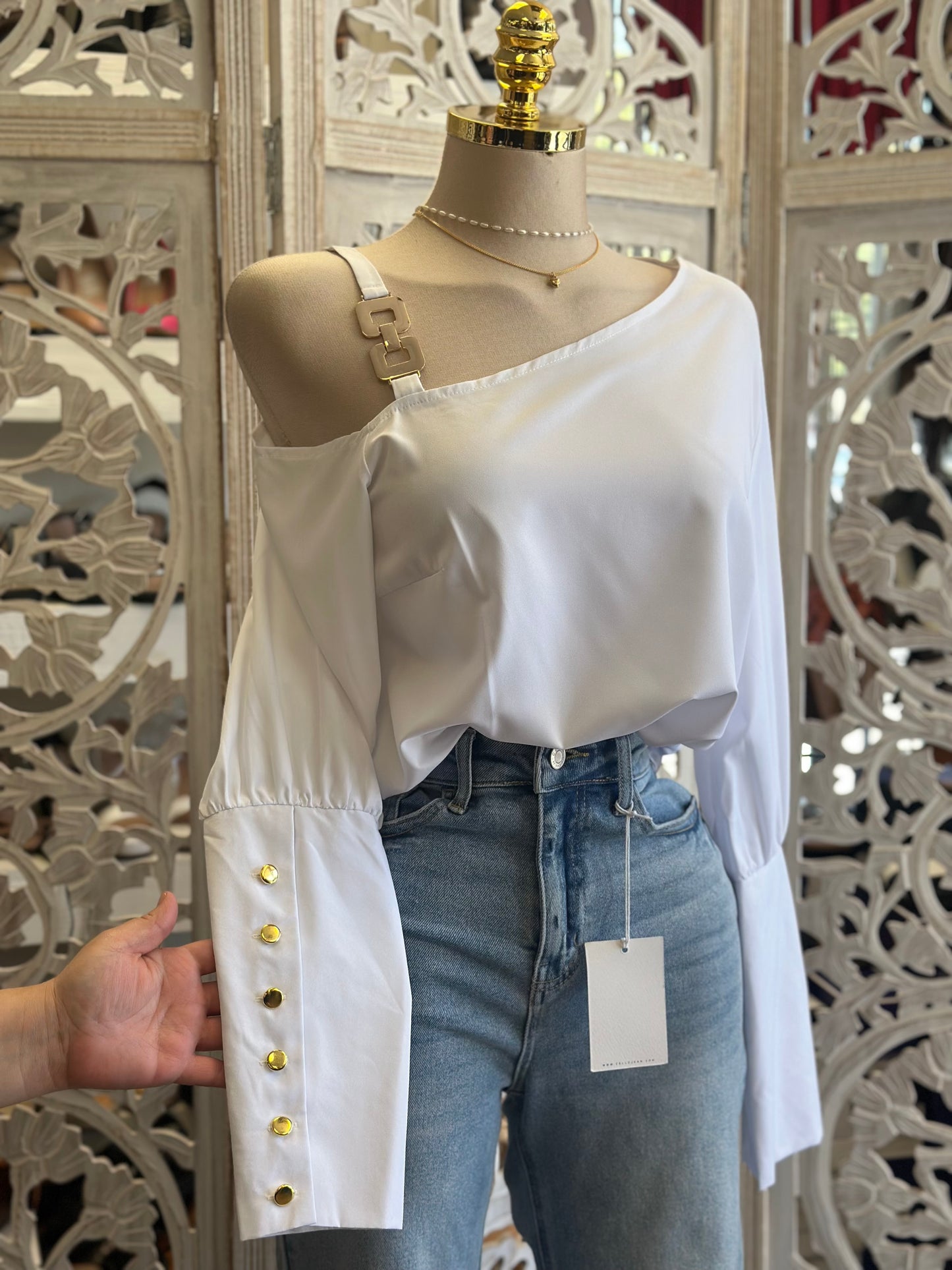 One Shoulder Gold Detail Blouse- No Estira, Not Stretchy