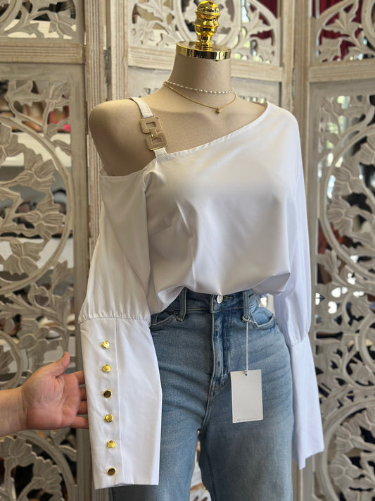 One Shoulder Gold Detail Blouse- No Estira, Not Stretchy