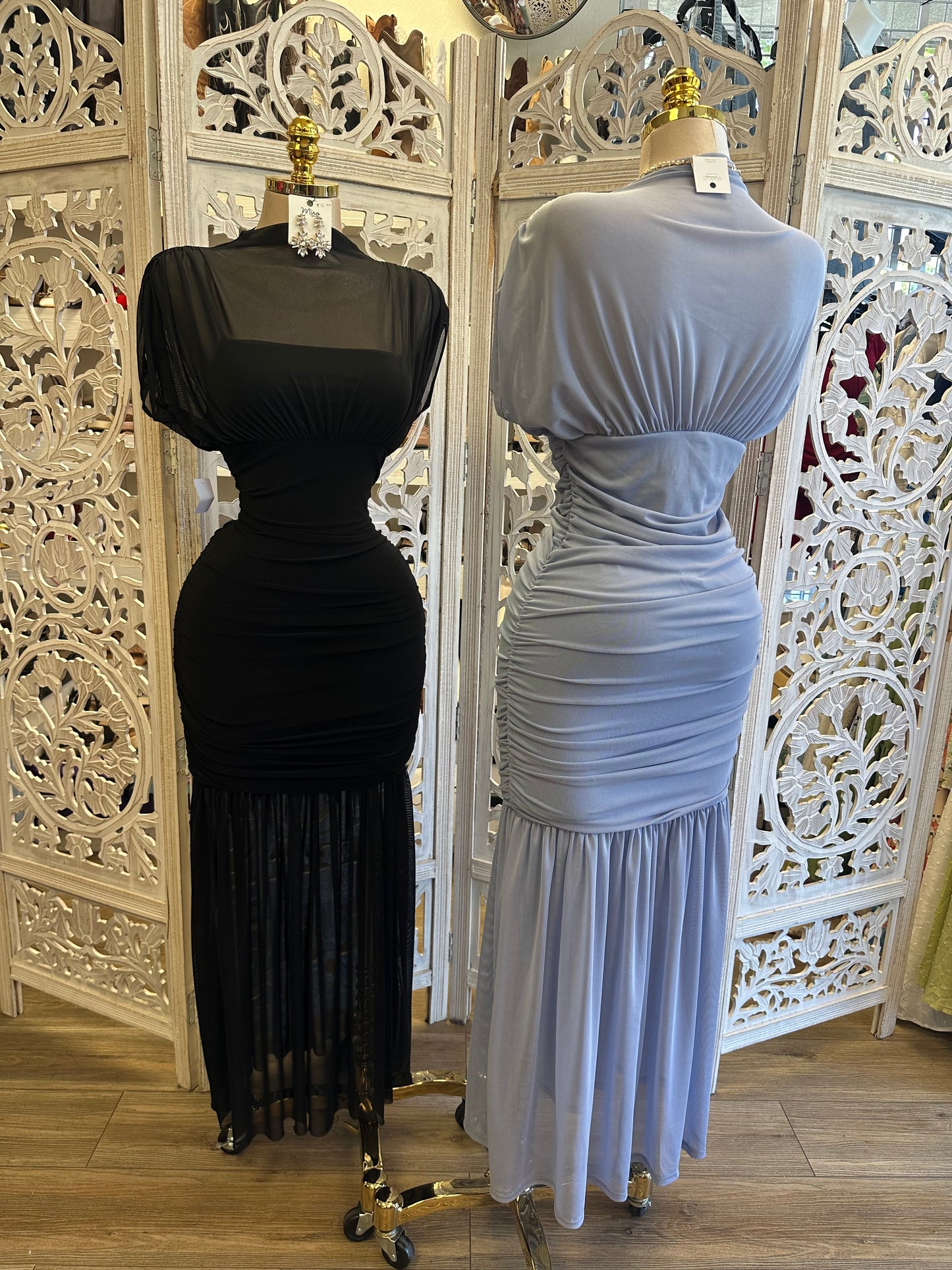 Ruched Mesh Maxi Dress- Estira, Stretchy