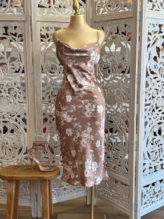 Beige Floral Cowl Midi Dress