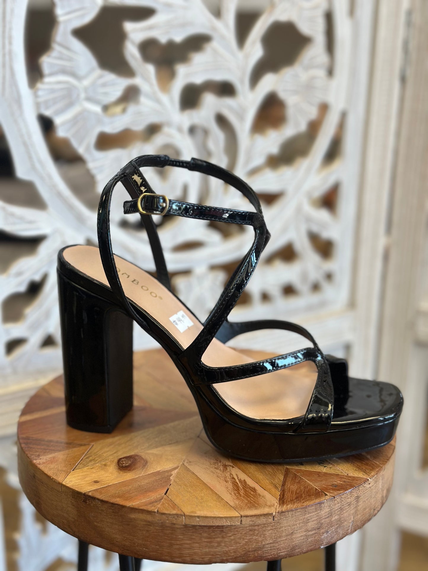 Black Glaze Strappy Platform Heels