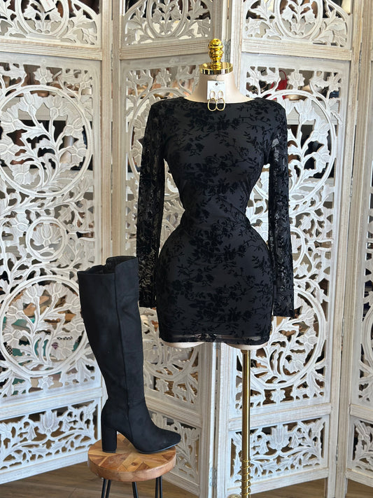 Velvet Floral Cutout Black Mini Dress- Stretchy,Estira