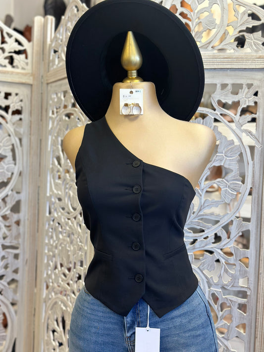 Black One Sleeve Button Up Blouse - No Estira, Not Stretchy