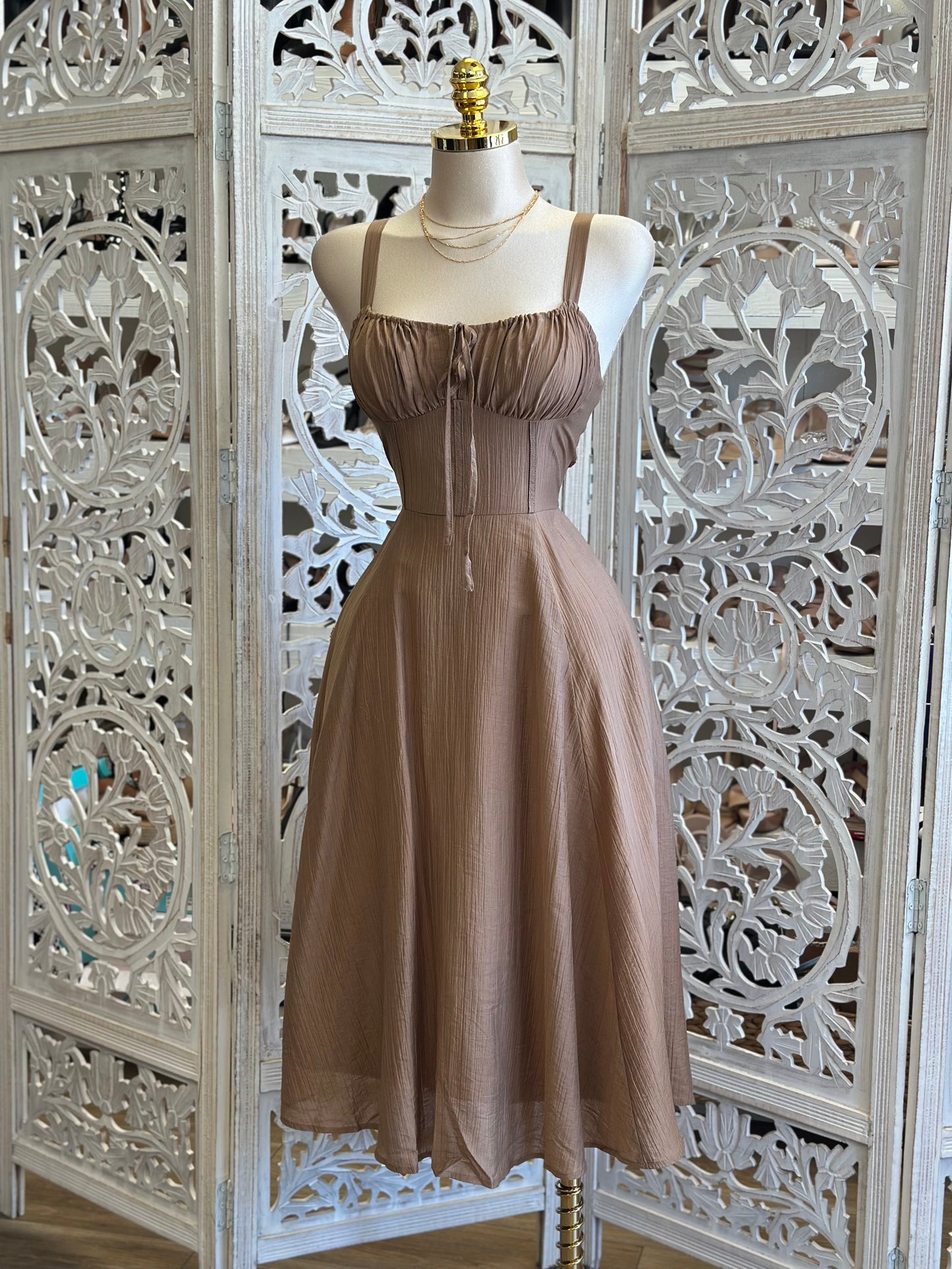 Brown Ruched Bust Mid Dress - Estira, Stretchy