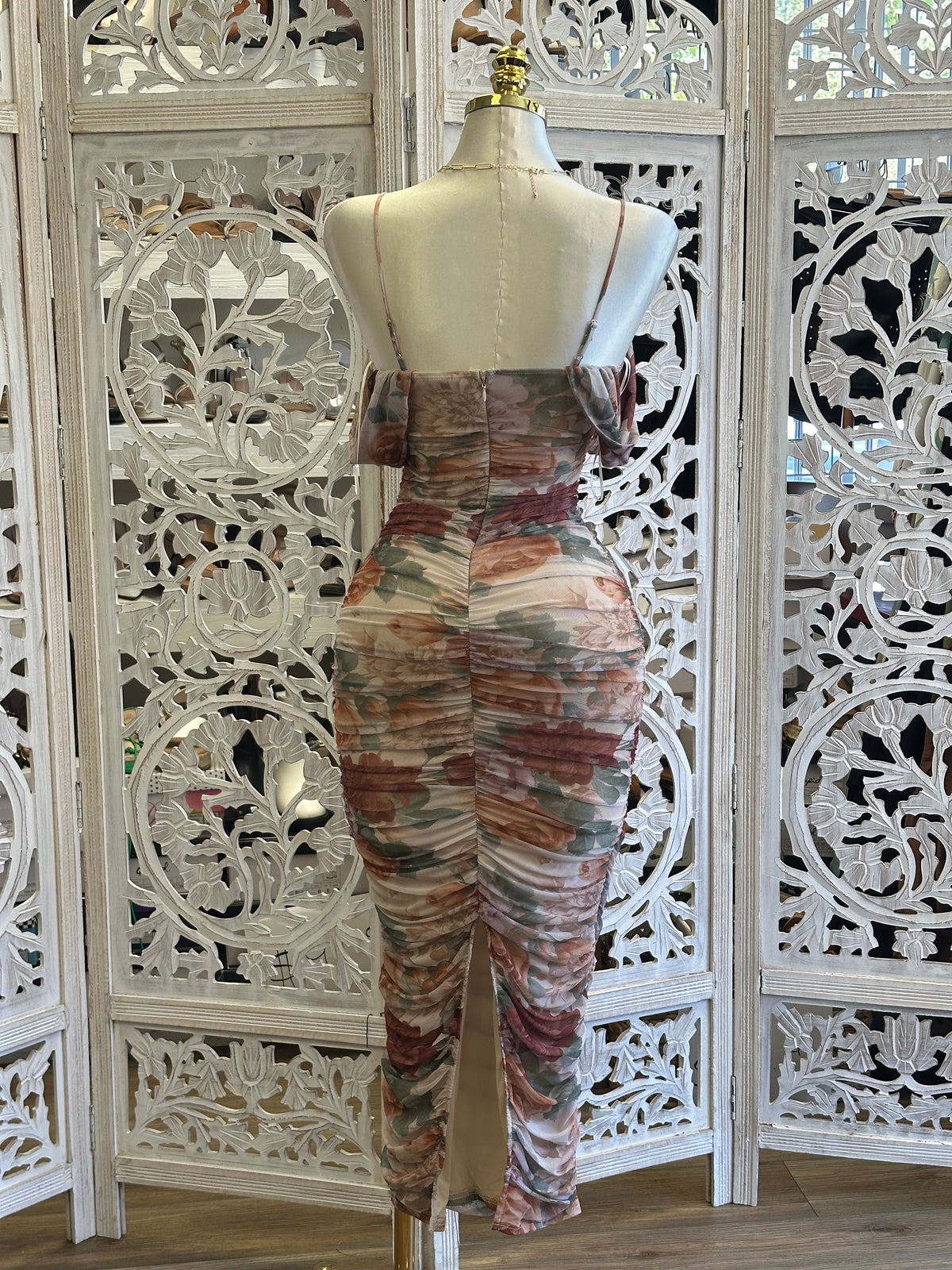 Desert Dahlia Ruched Mesh Midi Dress - Stretchy, Estira