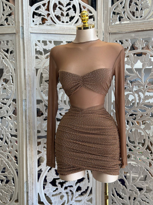 Mesh Rhinestone Mini Dress- Stretchy, Estira