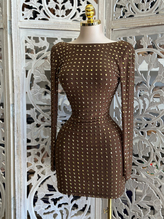 Gold Rhinestone Scoop Back Mini Dress- Stretchy, Estira