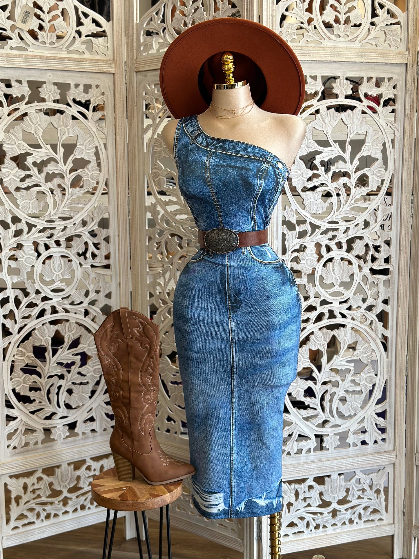 Faux Denim Print Dress - Estira(imitacion mezclilla, licra), Stretchy(faux denim, spandex)