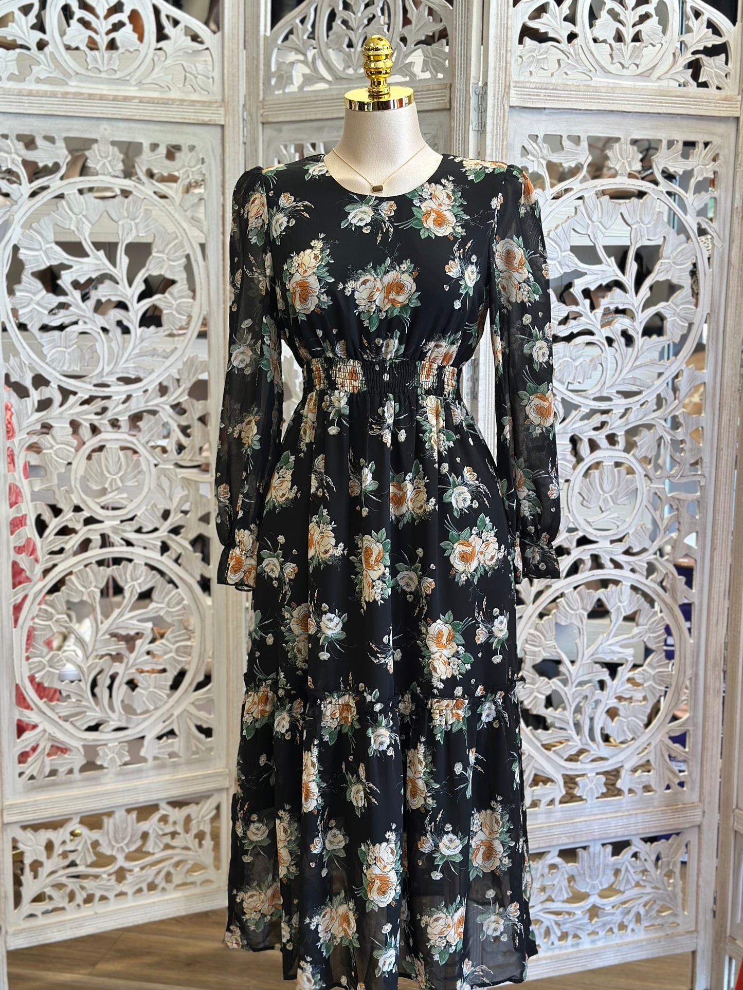 Black Long Sleeve Floral Mini Dress Stretchy