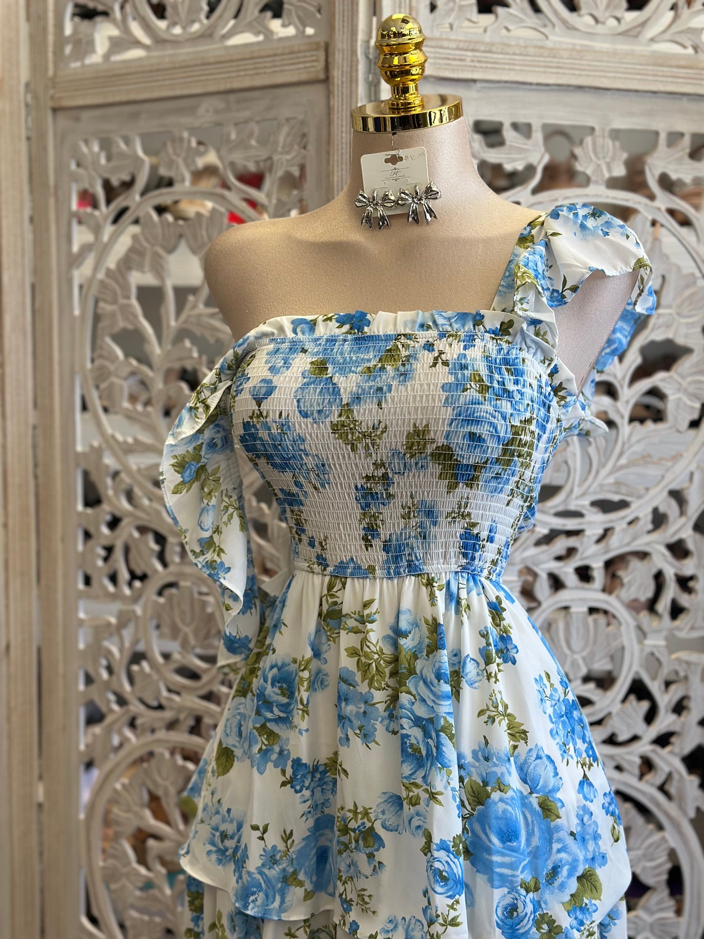 Ruffle Blue Floral Midi Dress- Estira,