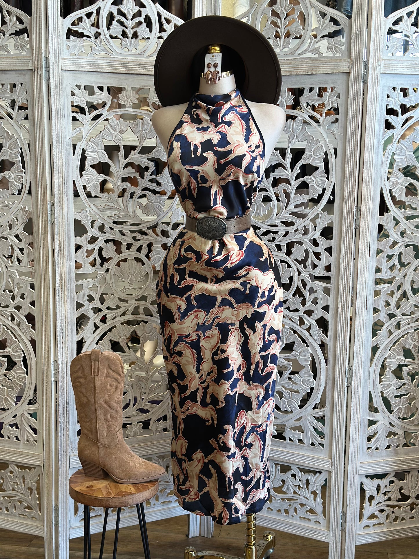 Horse Print Satin Dress-No Estira, Not Stretchy