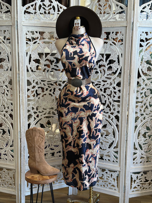 Horse Print Satin Dress-No Estira, Not Stretchy