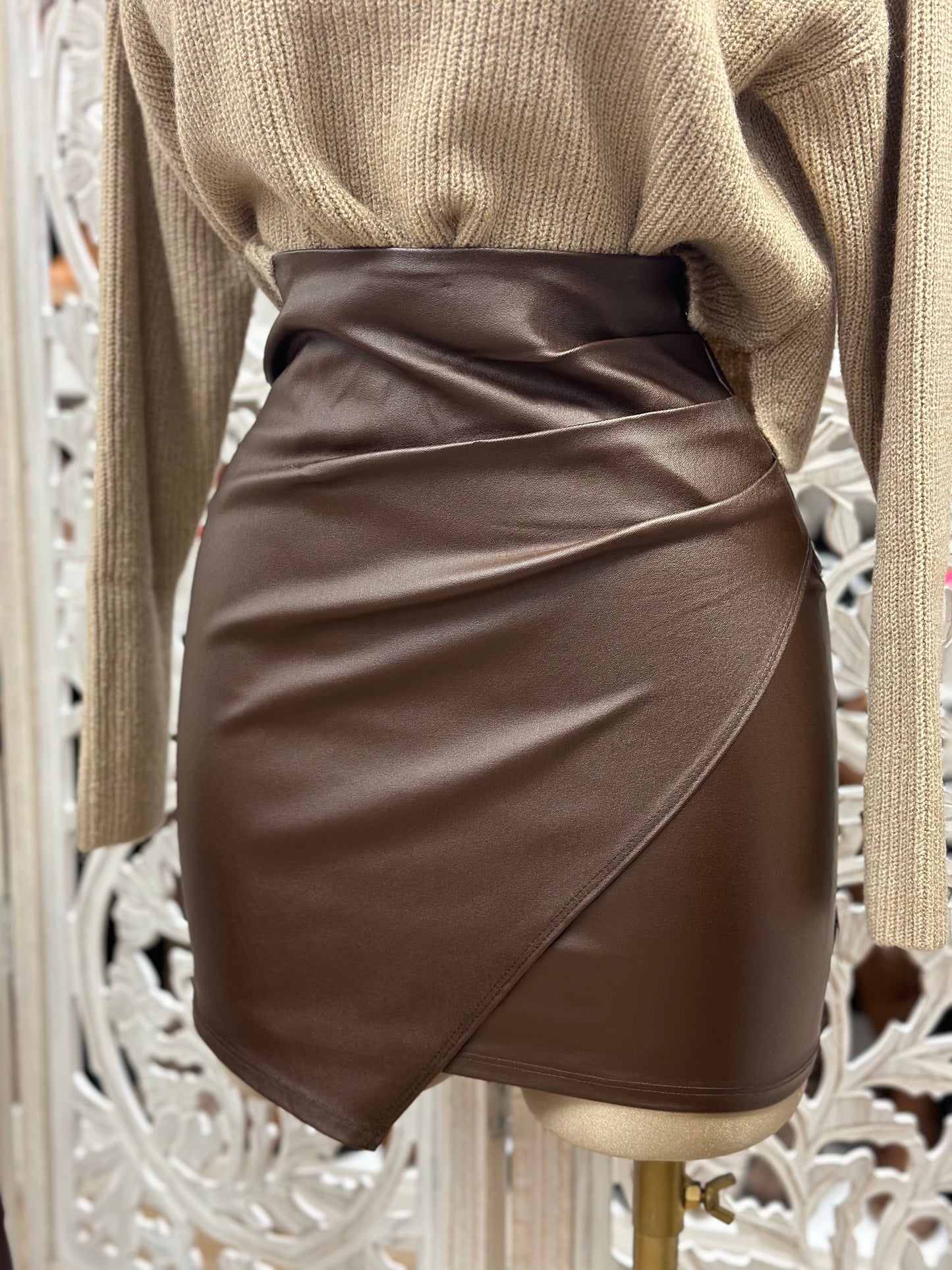 Chocolate Wrapped Faux Leather Skirt