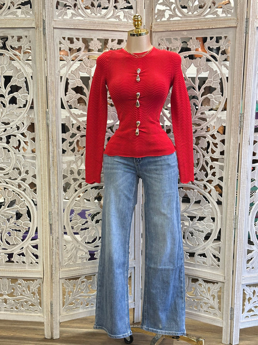 Red Squiggle Knit Textured Top- Estira, Stretchy