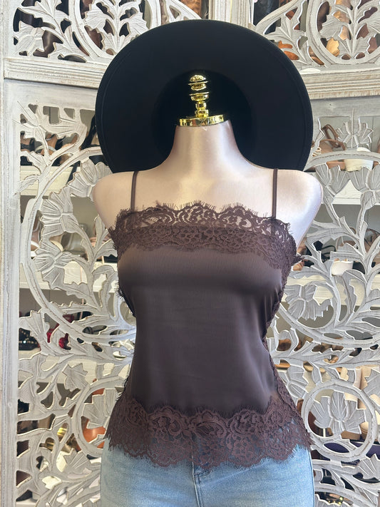 Brown Lace Trim Blouse
