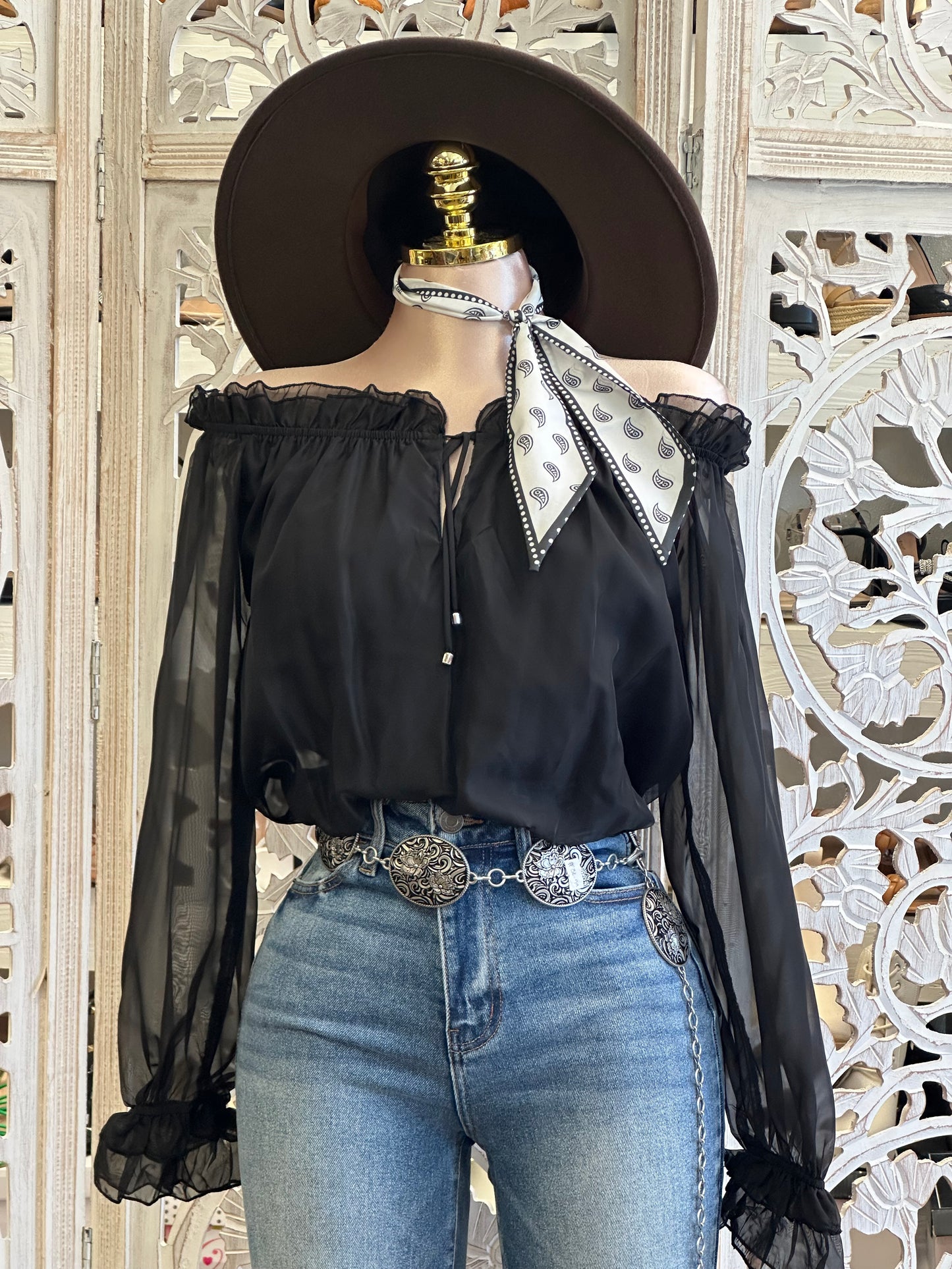 Bell Sleeve Black Off Shoulder Blouse