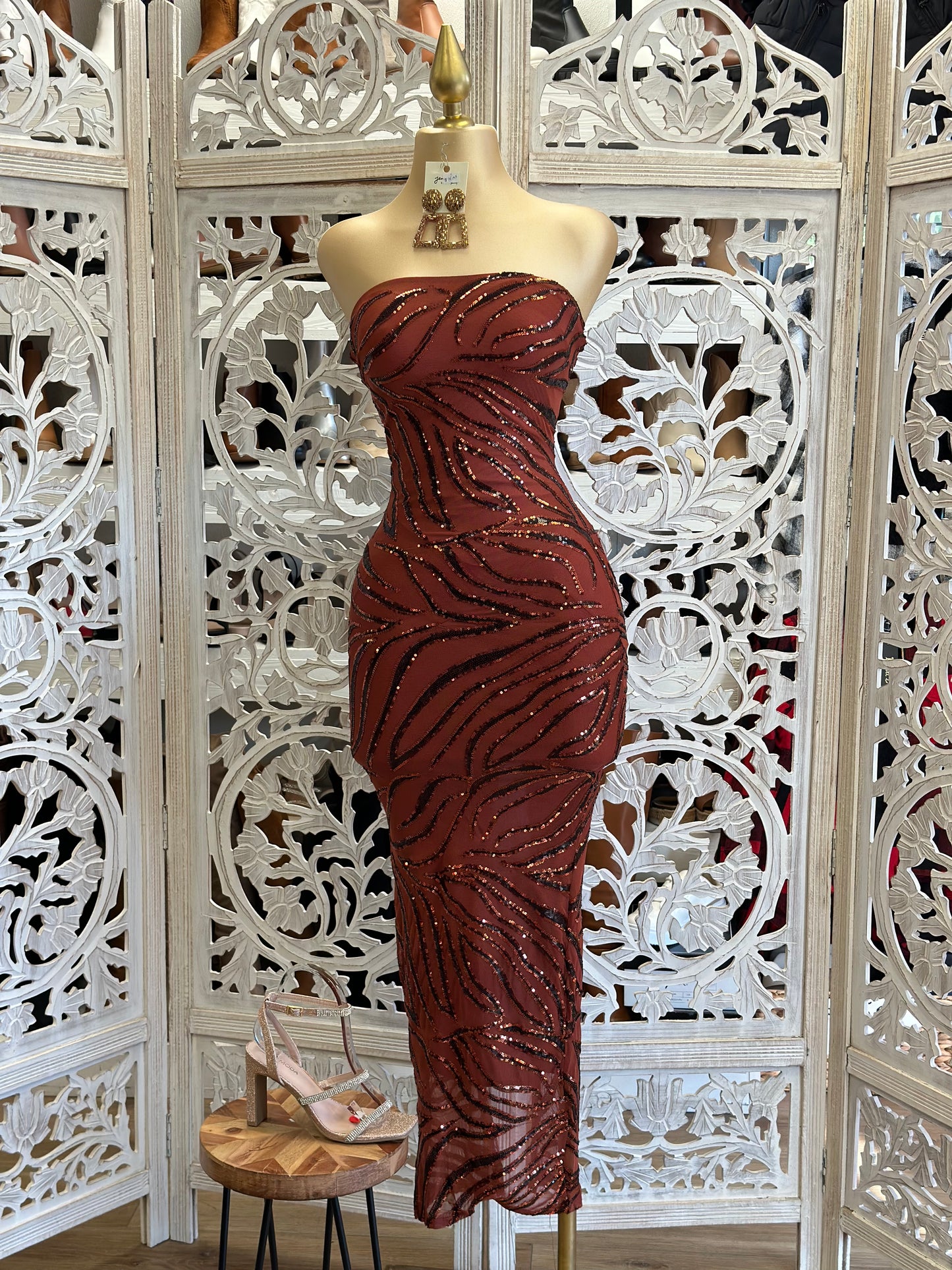 Strapless Sequin Pattern Midi Dress