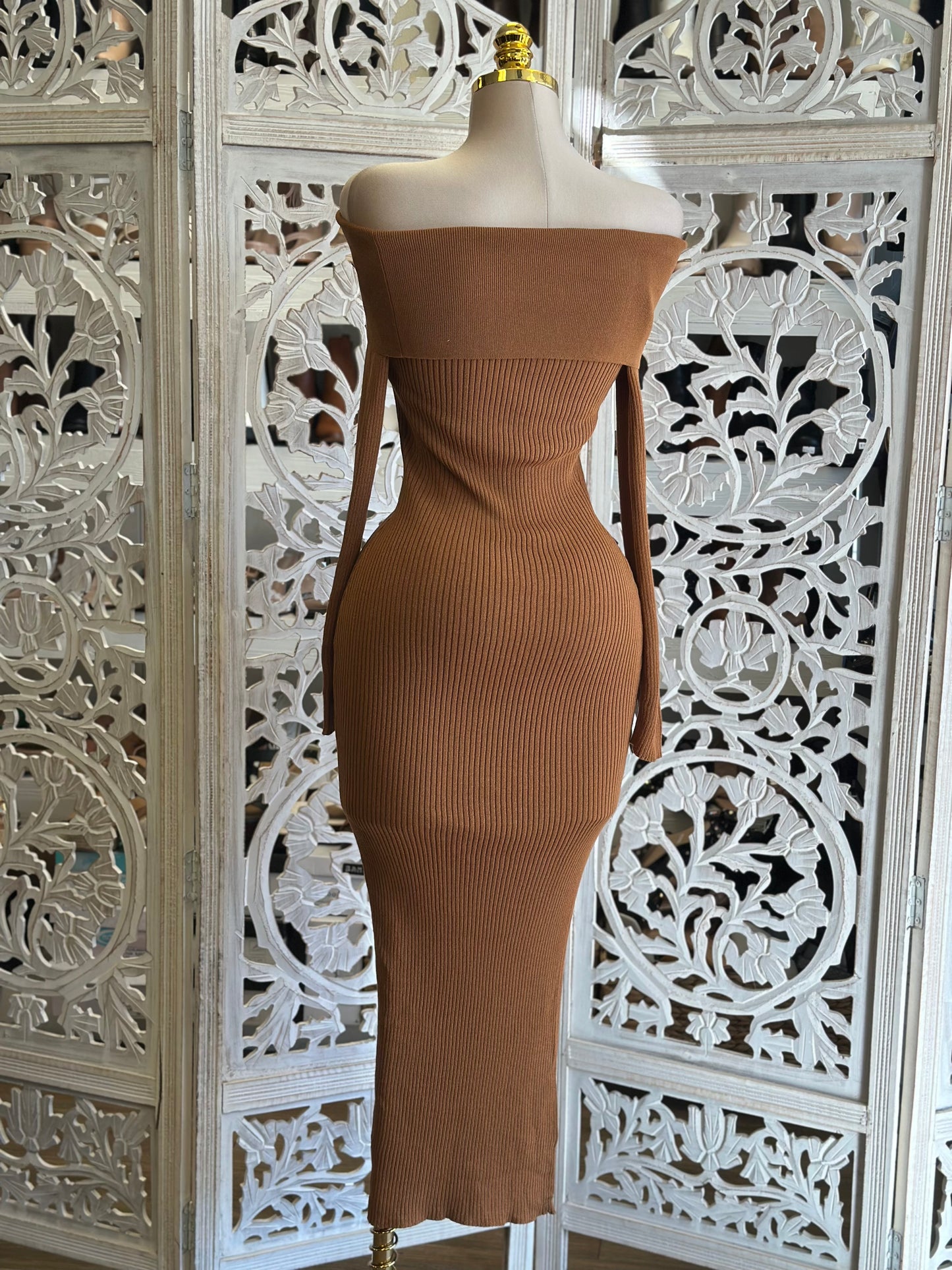 Off Shoulder Brown Ribbed Sweater Dress- Stretchy,Estira