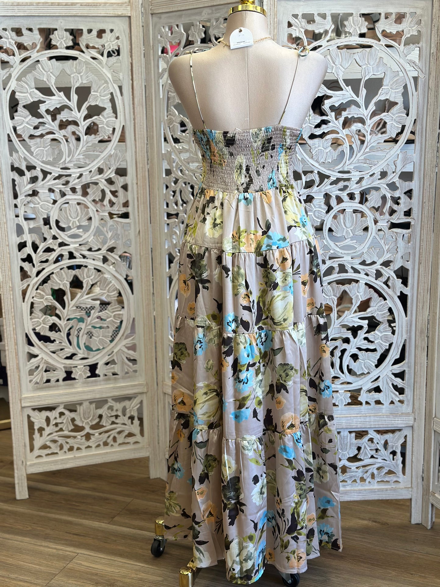Satin Beige Floral Maxi Dress Dress- Estira, Stretchy