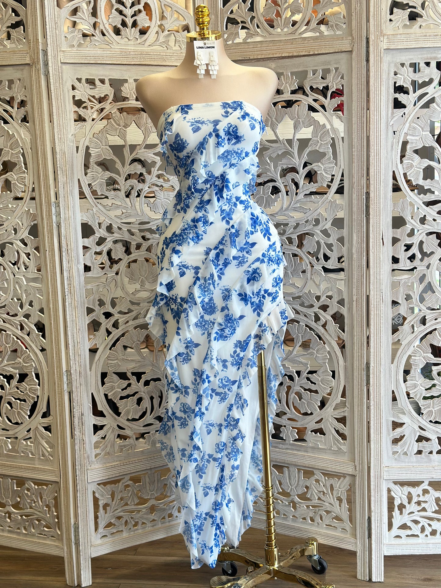 Blue Floral Full Ruffle Dress- Stretchy, Estira