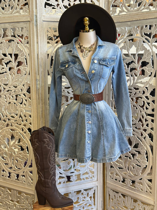 Jean Button Up Flare Mini Dress-Estira, Stretchy