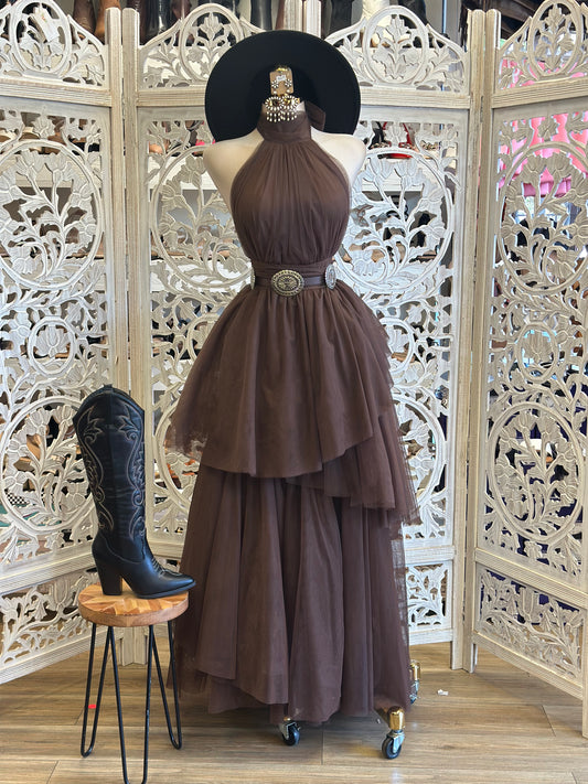 Earth BrownTulle High Neck Ruffle Dress- Not Stretchy, No Estira