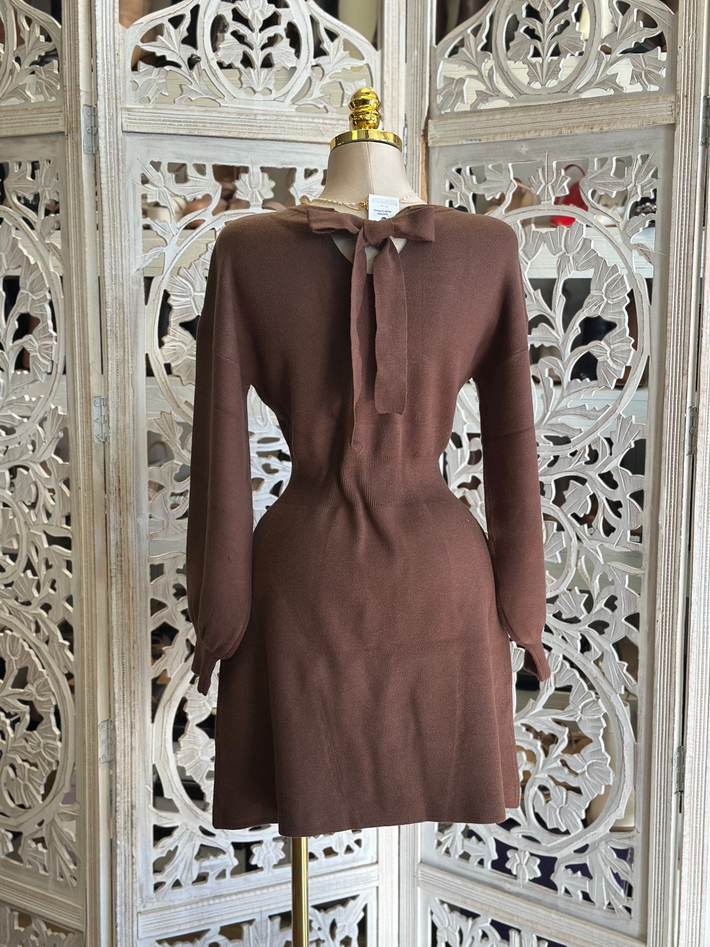 Dark Brown Sweater Mini Dress- Stretchy,Estira