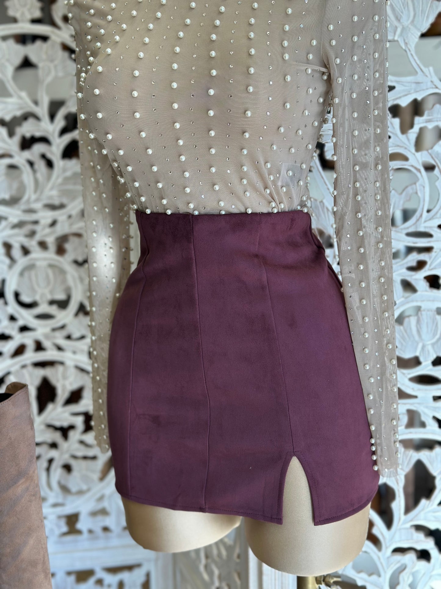 Dark Cherry Slit Suede Mini Skirt