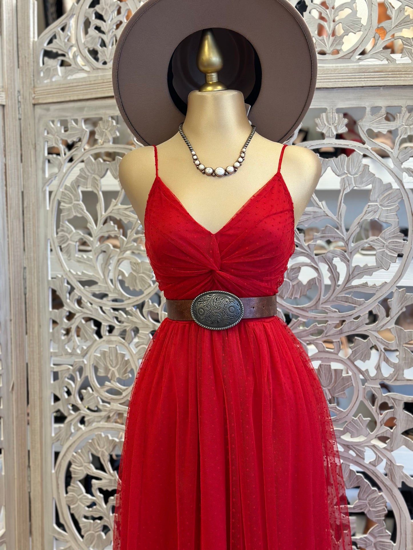 Red Knotted Tulle Maxi Dress- Not Stretchy