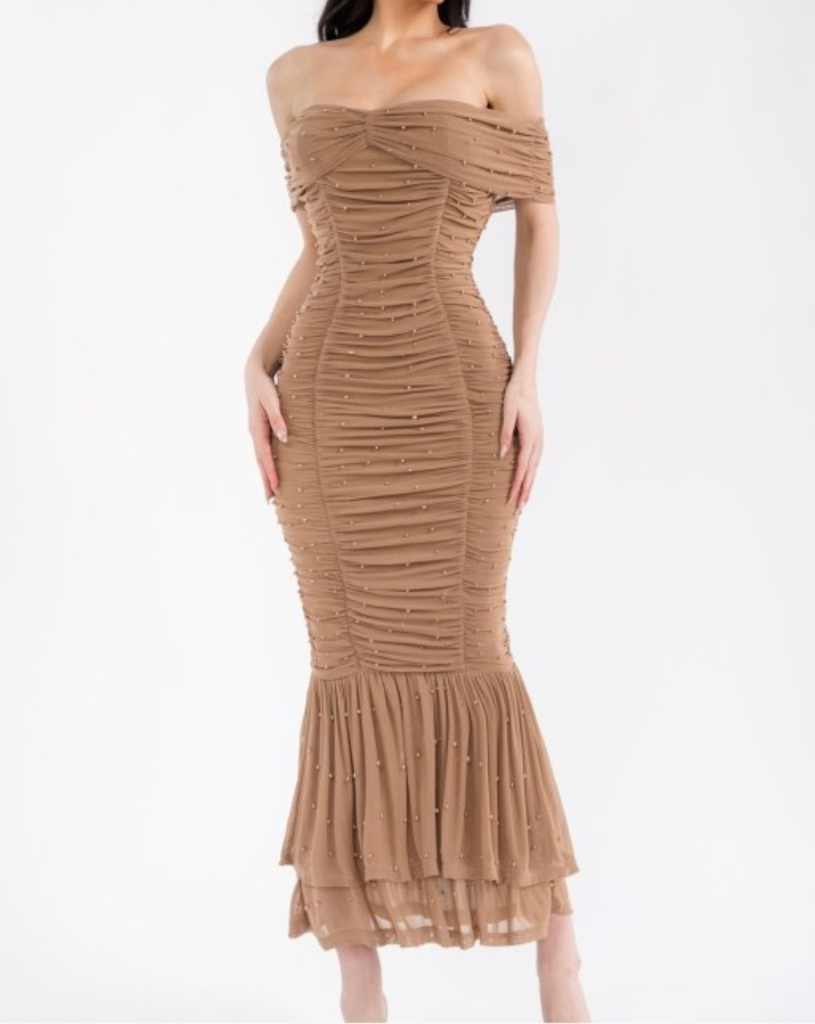 Ruched Embellished Midi Dress- Stretchy, Estira