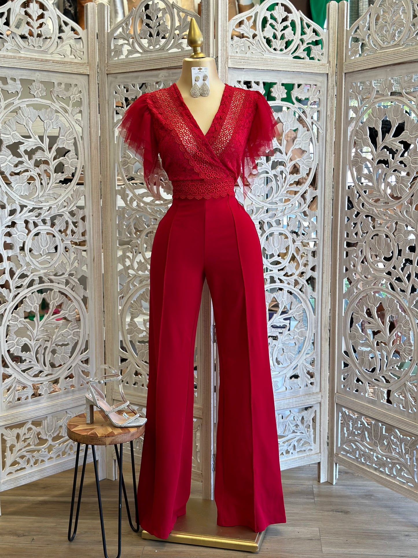 Red Tulle Sleeve Jumpsuit