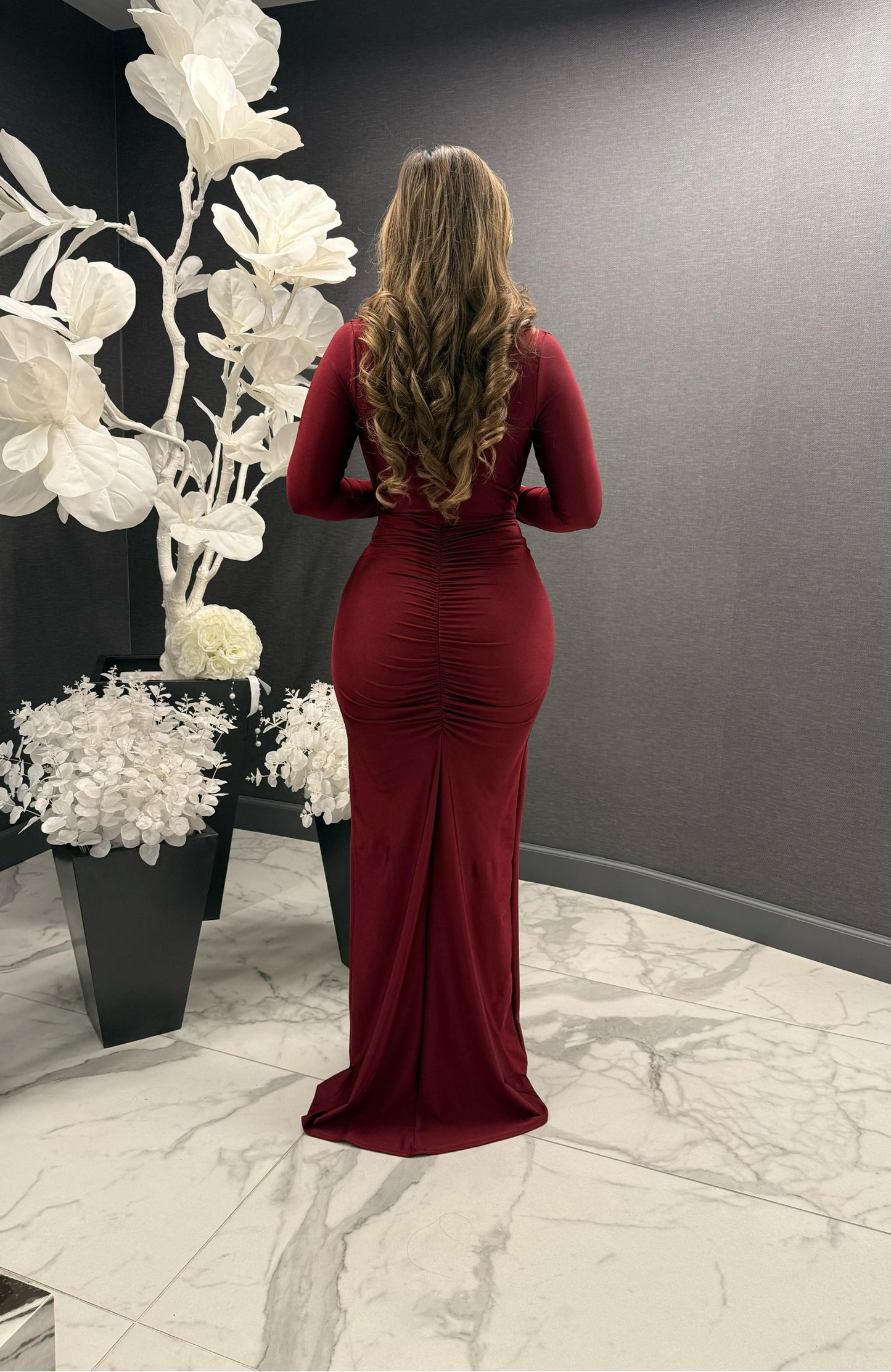 Wine Mid Slit Knotted Gown-Stretchy,Estira