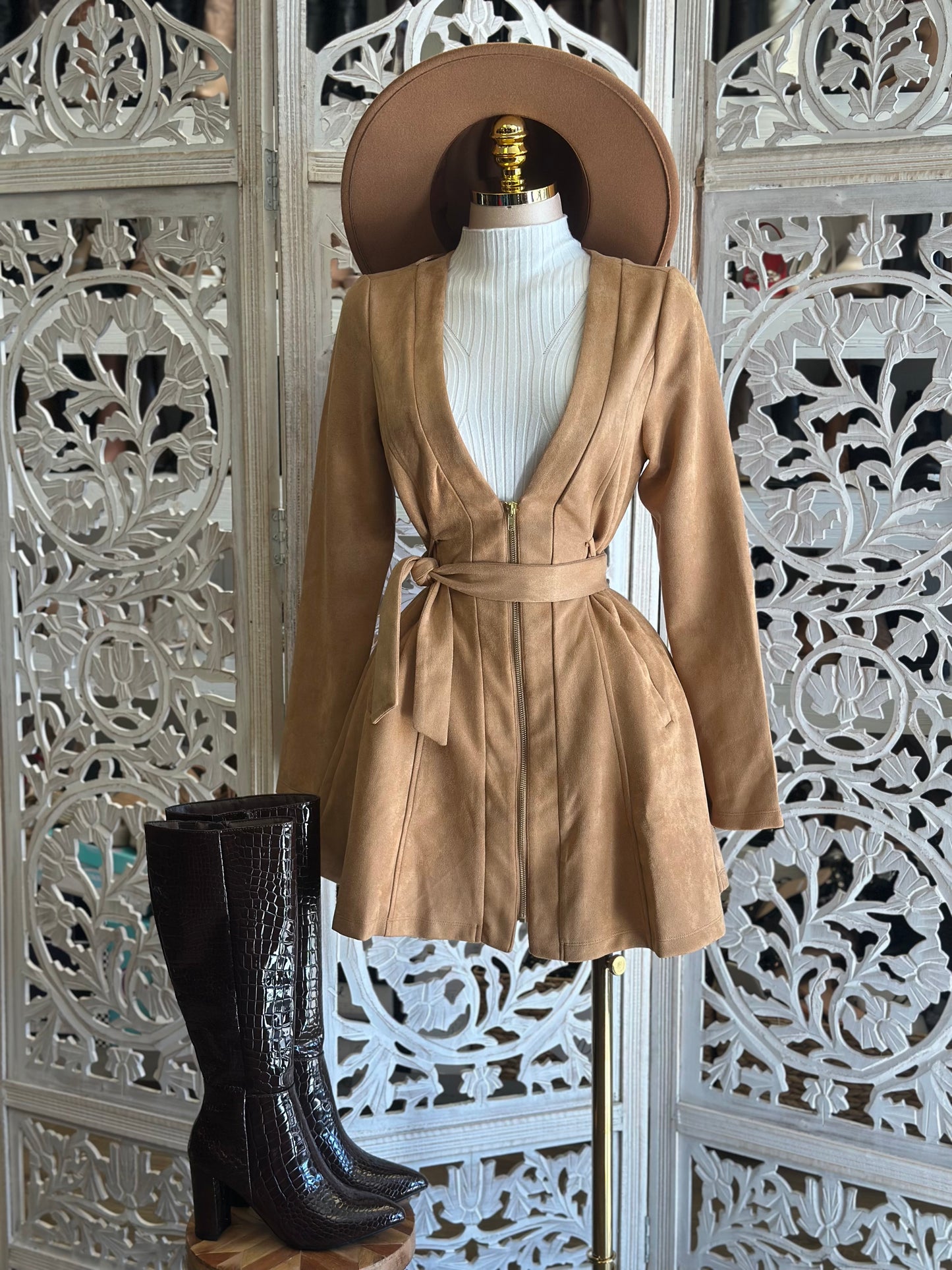 Light Brown Gold Zip Suede Coat
