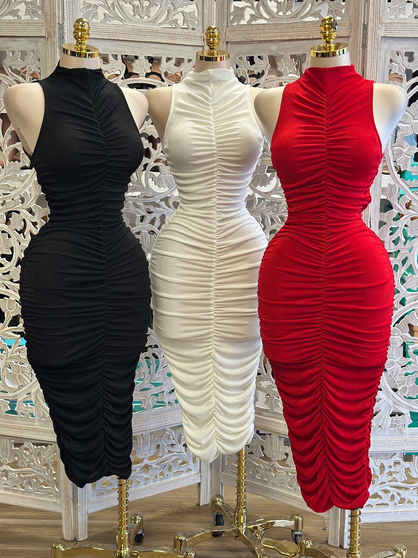 Mock Neck Midi Ruched Dress- Stretchy,Estira