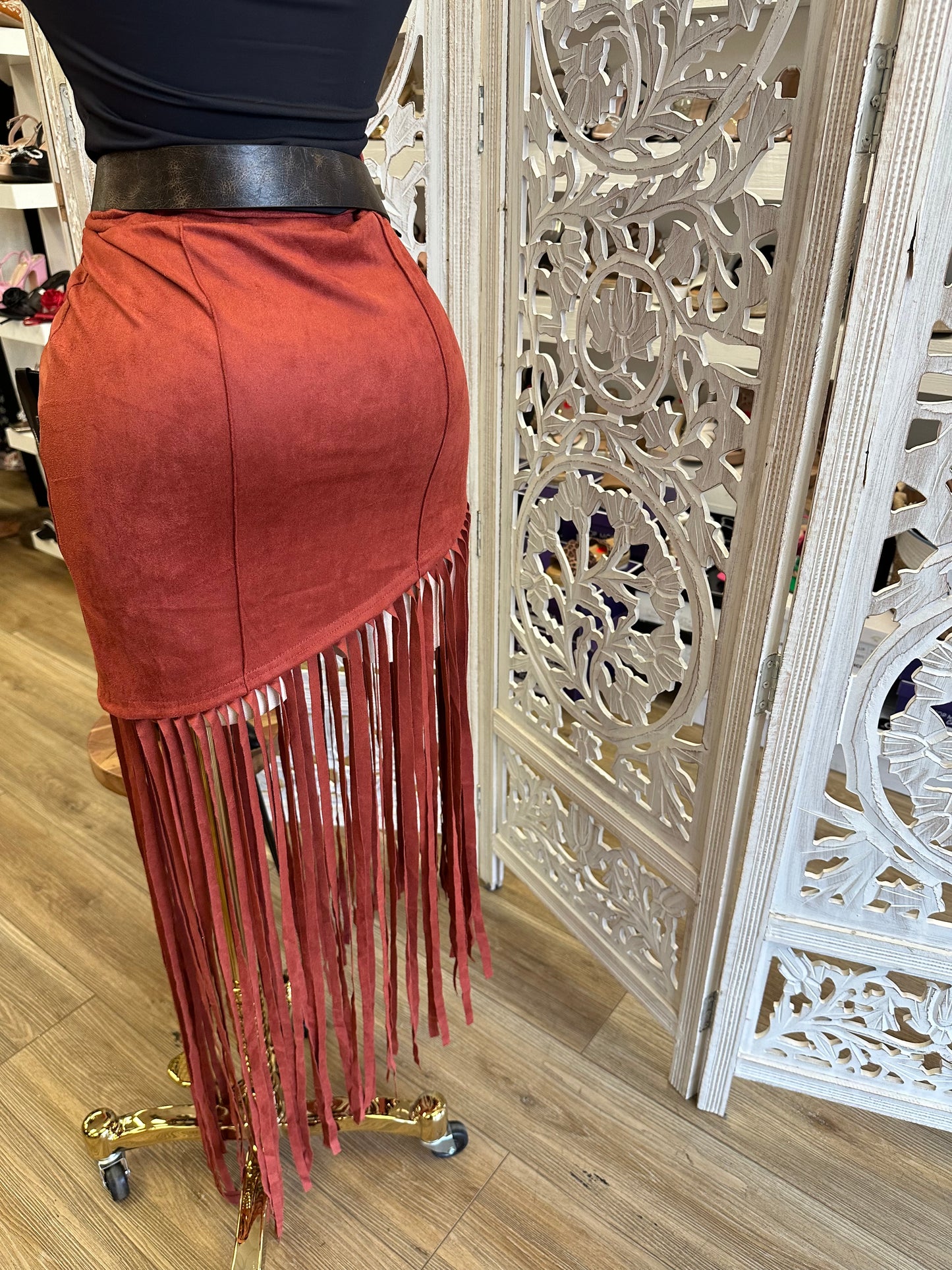 Suede Brick Fringe Skirt-Estira , Stretchy