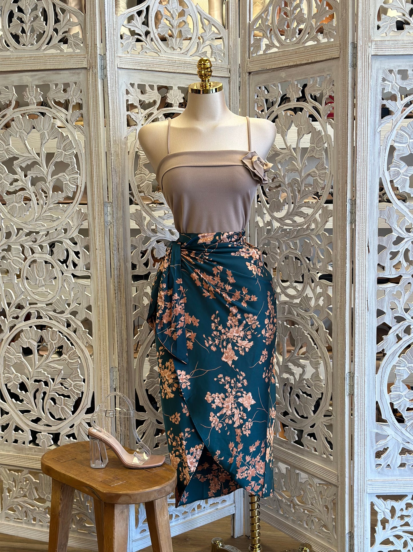 Knotted Wrapped Floral Satin Skirt- Slightly Stretchy