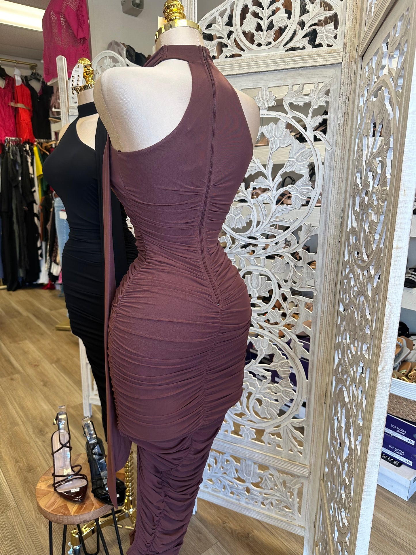 Scarfed High Neck Ruched Midi Dress- Stretchy