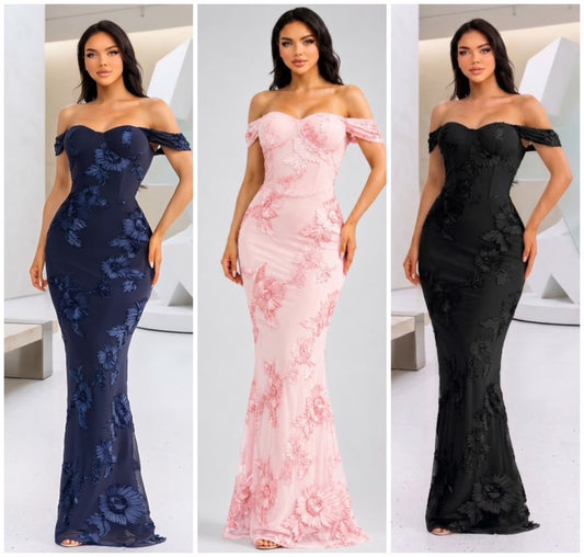 Sequin Off Shoulder Maxi Dress- Stretchy ,Estira