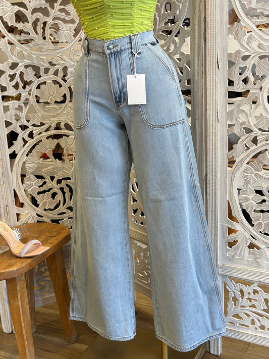 High Rise Button Light Wash Flare Jeans-Not Stretchy, No Estira