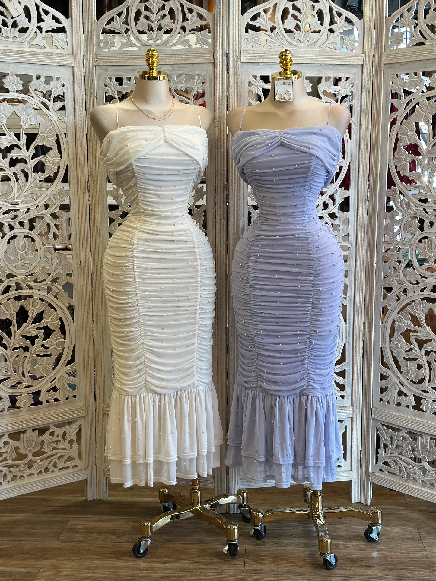 Ruched Embellished Midi Dress- Stretchy, Estira