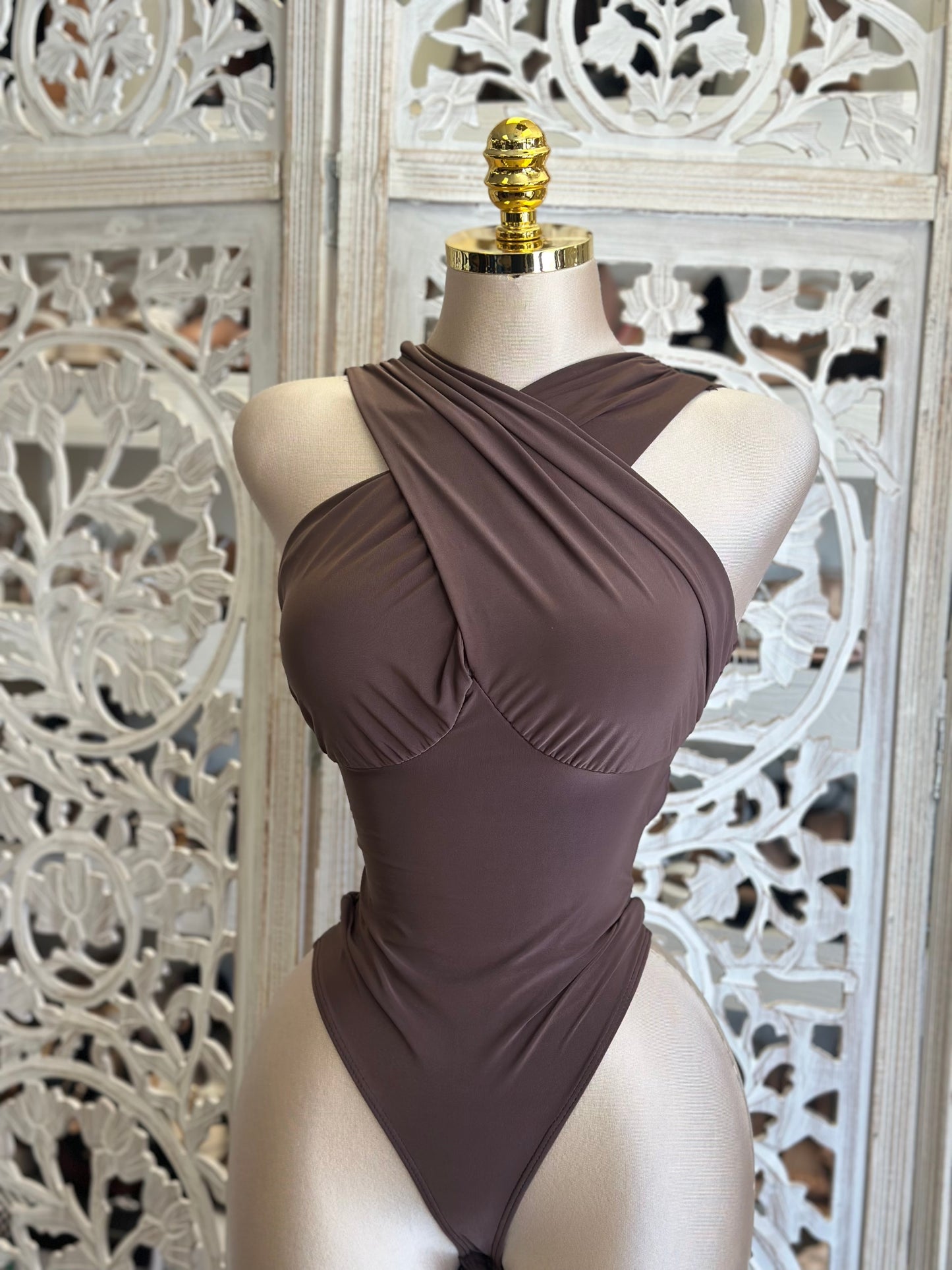 Cross front Solid Bodysuit - Estira, Stretchy