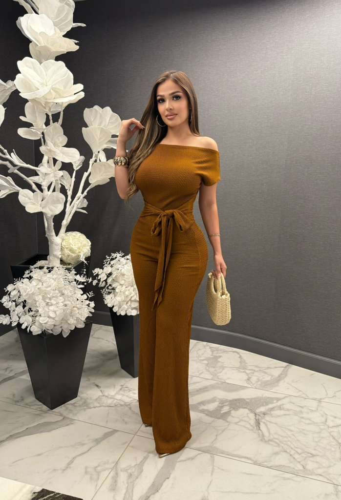 Mahogany Ribbed Asymmetrical Jumpsuit - Stretchy,Estira