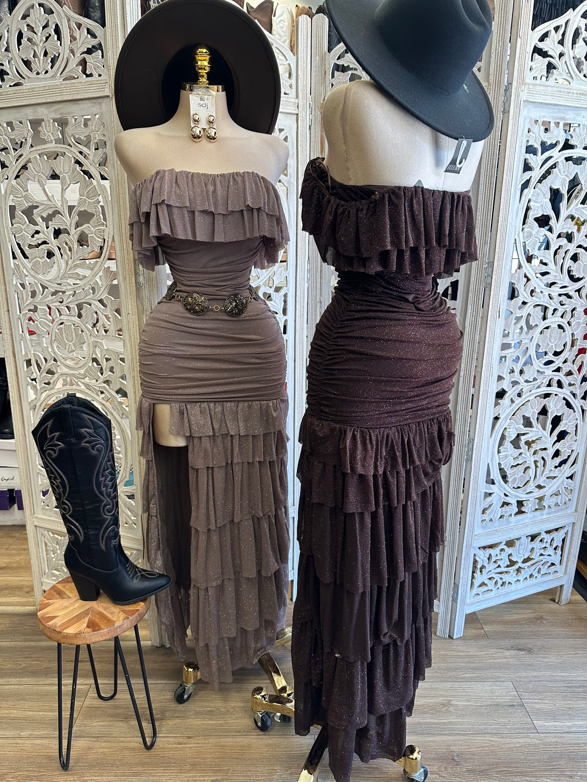 Penelope Shimmer Tiered Gown- Estira, Stretchy
