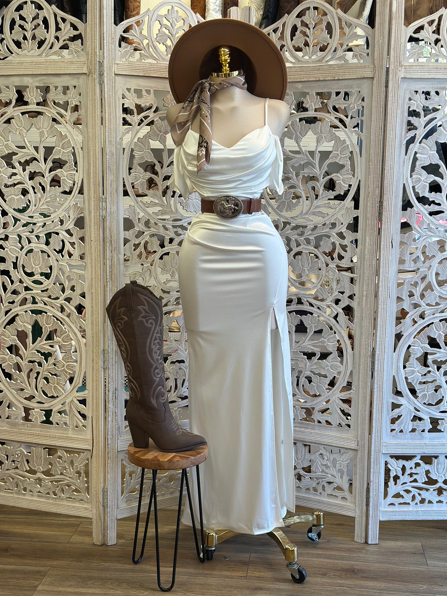 White Vienna Off-Shoulder Ruched Satin Evening Dress-Estira Stretchy