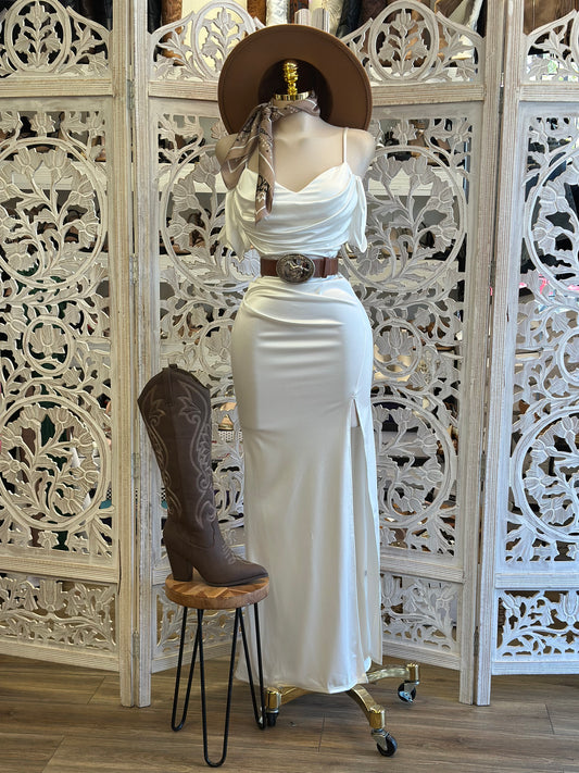 White Vienna Off-Shoulder Ruched Satin Evening Dress-Estira Stretchy